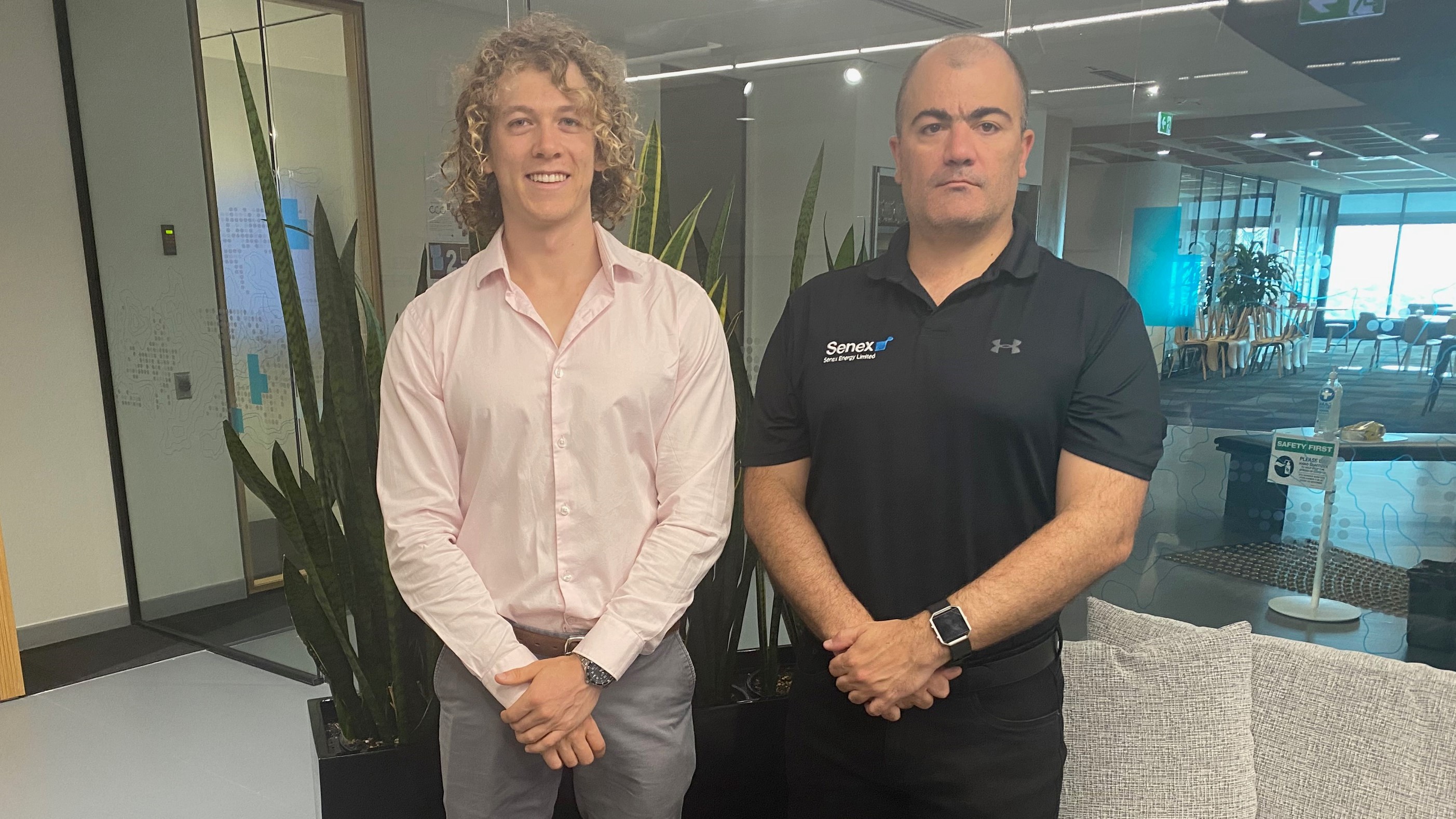 Gonzalo Vazquez from Senex and Riley O'Donnell from Endla at the Senex office in Brisbane.