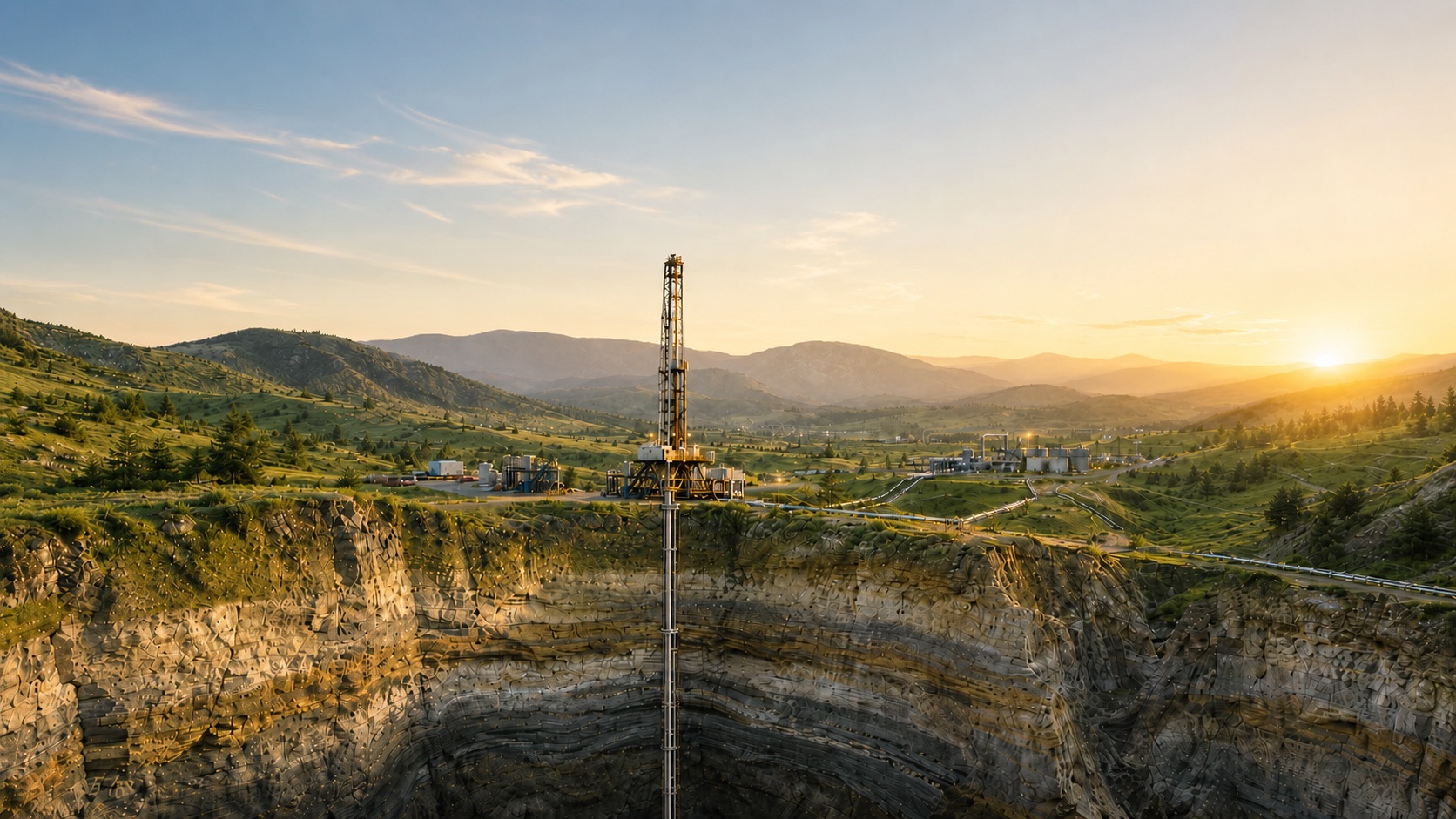 Drilling rig at sunset connected to a glowing pipeline network